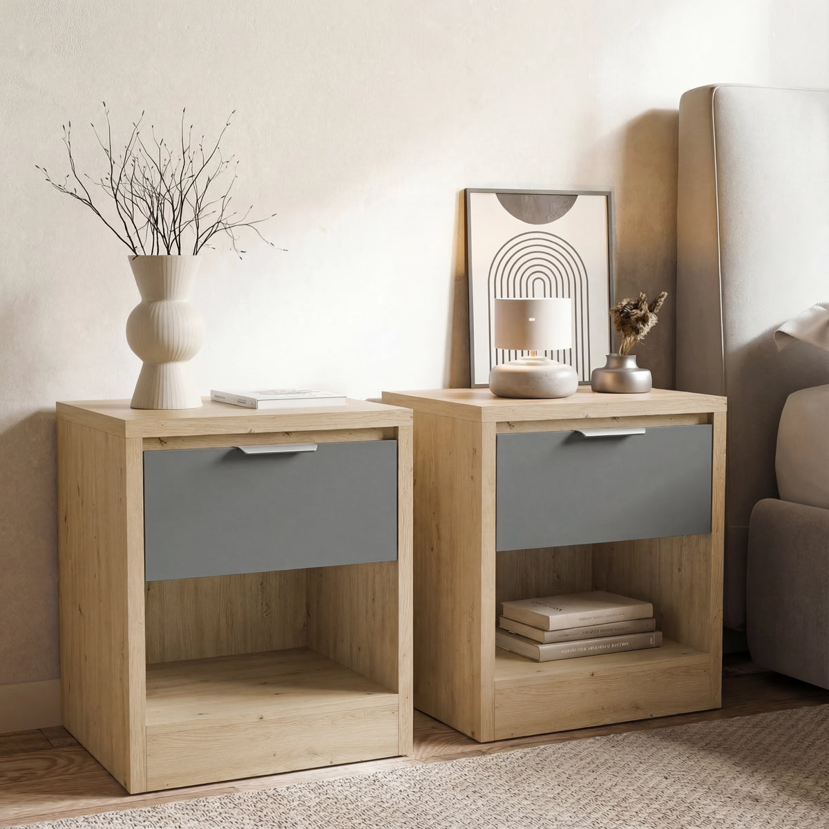 [Oak+Grey] Pair of Skova bedside tables with oak bodies, grey drawers and open lower shelves on a pale rug