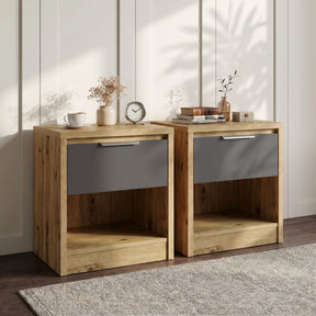 [Oak+Grey] Pair of Skova bedside tables with oak bodies, grey drawers and open lower shelves on a pale rug