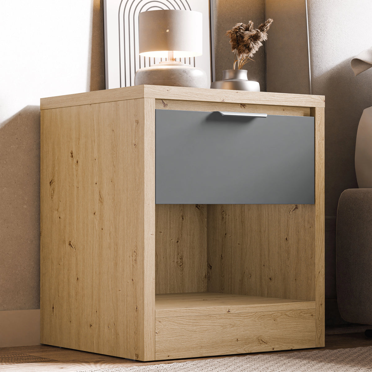 [Oak+Grey] Skova bedside pair shown as one unit, oak body with grey drawer above an open lower shelf