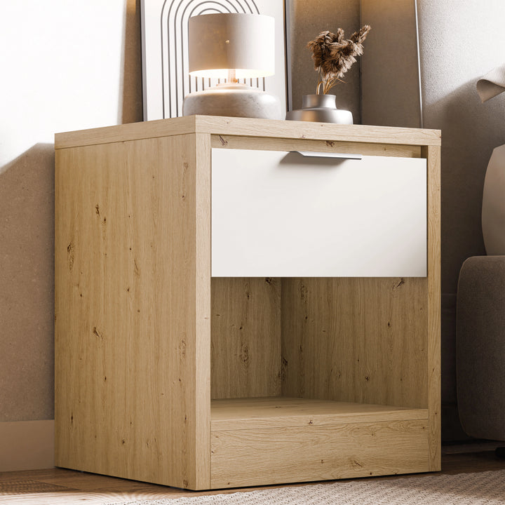 [Oak+White] Skova bedside pair shown as one unit, oak body with white drawer above an open lower shelf