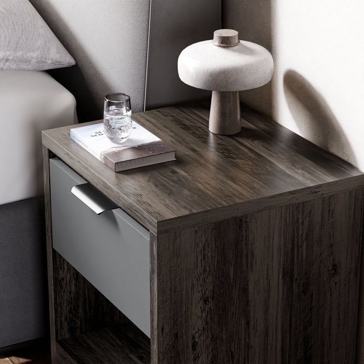 [Wooden Grey+Grey] Close view of one Skova bedside cabinet top with mushroom lamp and stacked book on dark wood