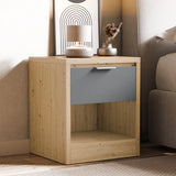 [Oak+Grey] Skova oak and grey bedside shown beside upholstered bed with arch-print frame on wall