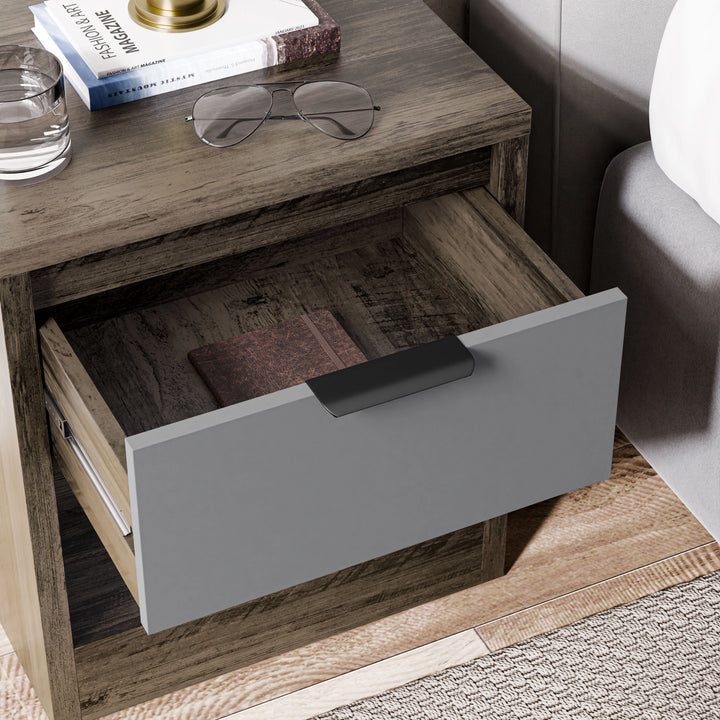 [Wooden Grey+Grey] Skova bedside with grey drawer pulled open showing notebook inside