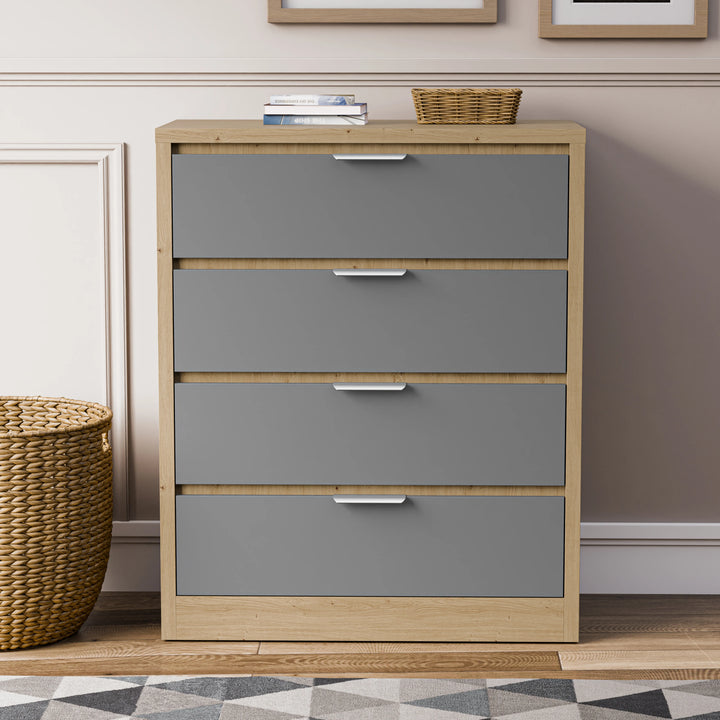 [Oak+Grey] Skova 4 drawer chest on hardwood floor, four grey drawer fronts on oak carcass