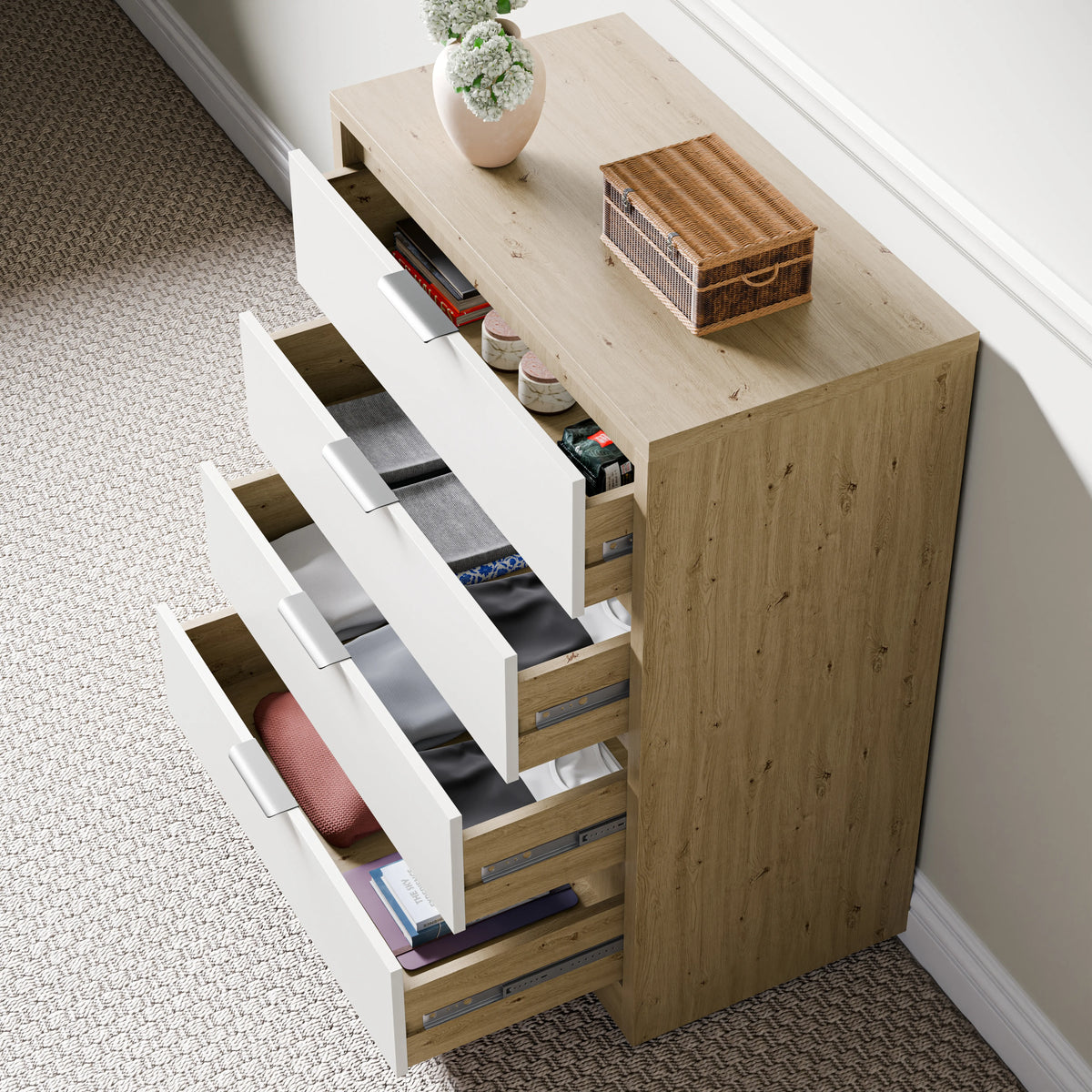 [Oak+White] Skova oak and white 4 drawer chest with four drawers pulled out simultaneously