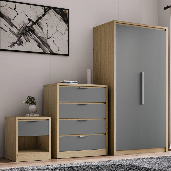 [Oak+Grey] Skova oak-frame wardrobe with 4 drawer chest and 1 drawer bedside, grey fronts, lifestyle view