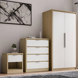 [Oak+White] Skova oak and white trio: bedside left, chest centre, wardrobe right against panelling