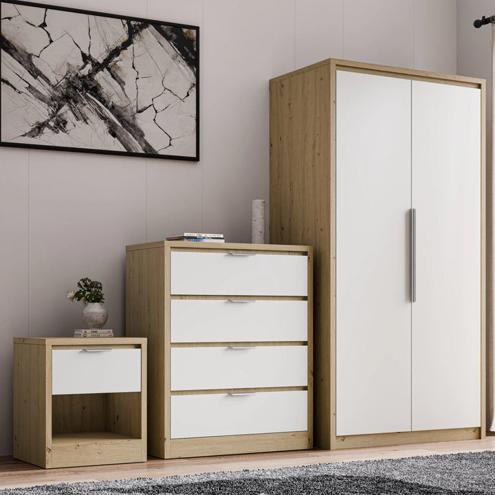 [Oak+White] Skova oak and white trio: bedside left, chest centre, wardrobe right against panelling