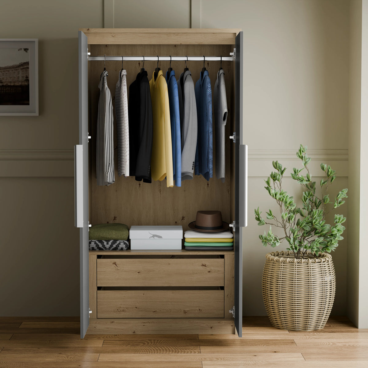 [Oak+Grey] open Skova wardrobe showing yellow and blue shirts hanging, folded piles on shelf