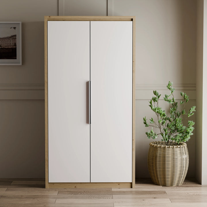 [Oak+White] front view of Skova 2 door wardrobe in oak and white, doors shown closed