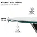 [Black] Skyra dining table set glass top detail showing labelled 8mm thickness and polished edge