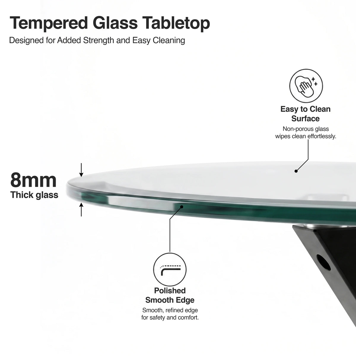 [Black] Skyra dining table set glass top detail showing labelled 8mm thickness and polished edge