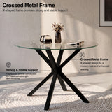 [Black] Skyra dining table set feature graphic showing X-shaped table frame and glass top