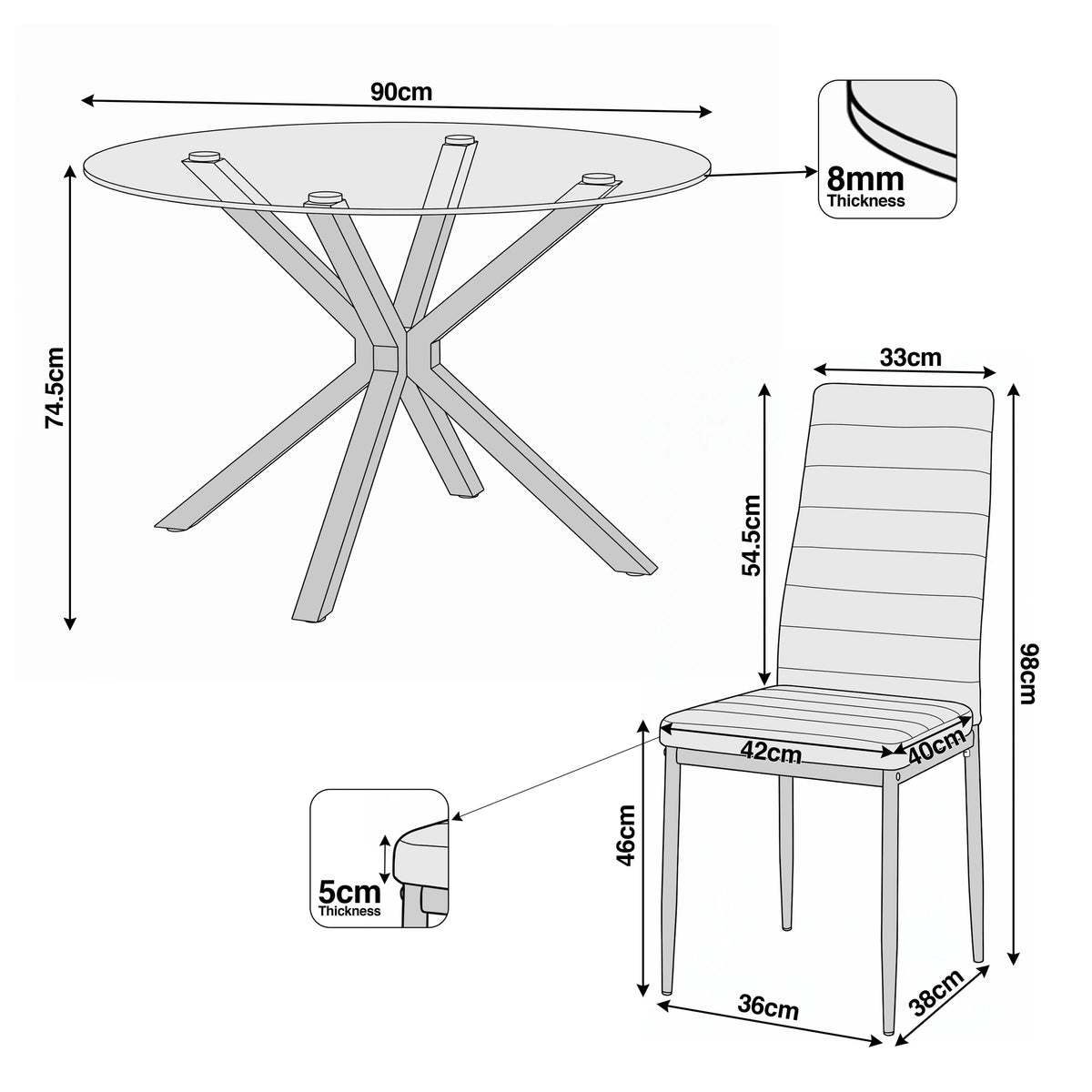 [Black] Skyra dining table set dimensions: 90cm table, 74.5cm height, 8mm glass, 98cm chair height
