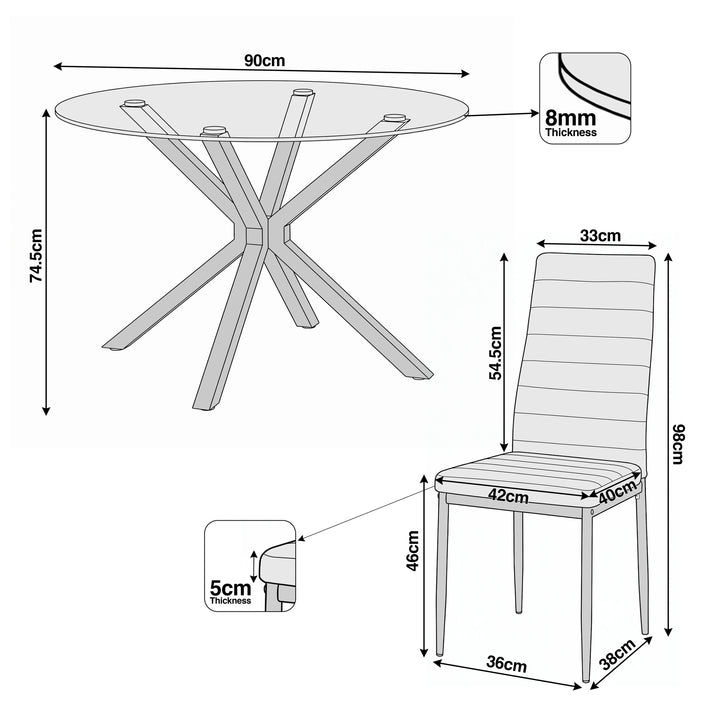 [Black] Skyra dining table set dimensions: 90cm table, 74.5cm height, 8mm glass, 98cm chair height