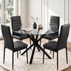 [Black] Skyra dining table set with round glass table and four chairs around the black crossed base