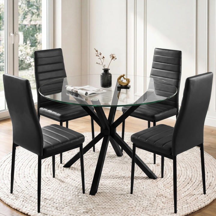 [Black] Skyra dining table set with round glass table and four chairs around the black crossed base