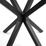 [White] Skyra dining table set underside detail showing black X-frame legs meeting below the tabletop