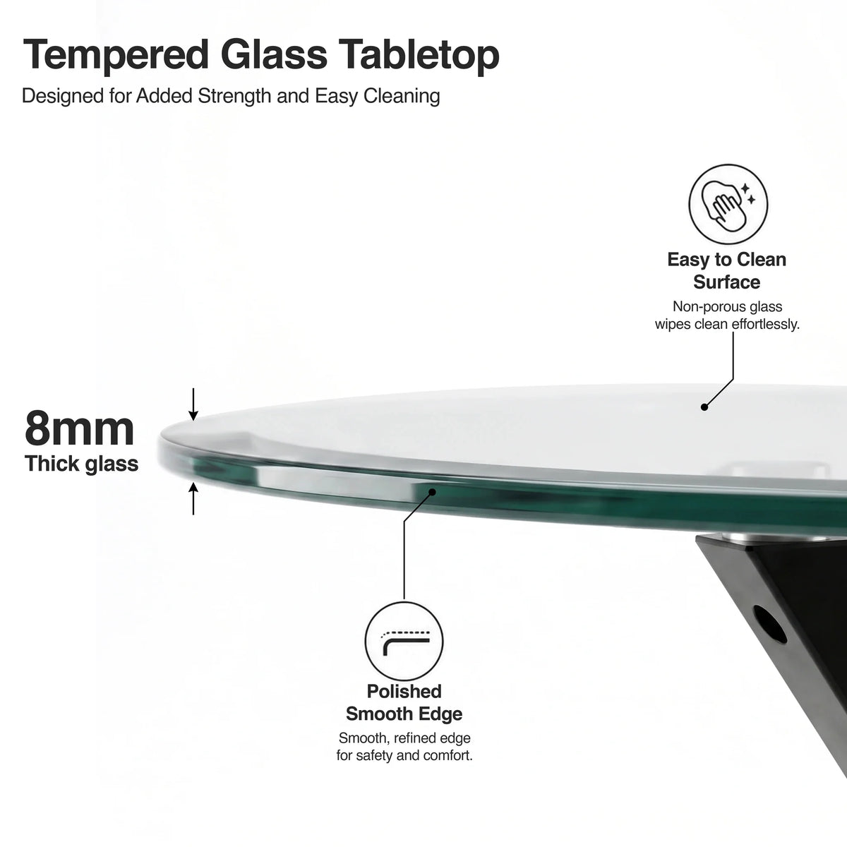 [White] Skyra dining table set close view of the 8mm tempered glass tabletop edge