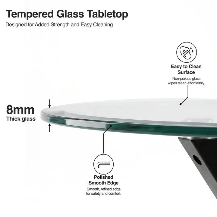 [White] Skyra dining table set close view of the 8mm tempered glass tabletop edge