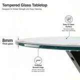 [Grey] Skyra dining table set tabletop close-up with 8mm glass edge and black support below