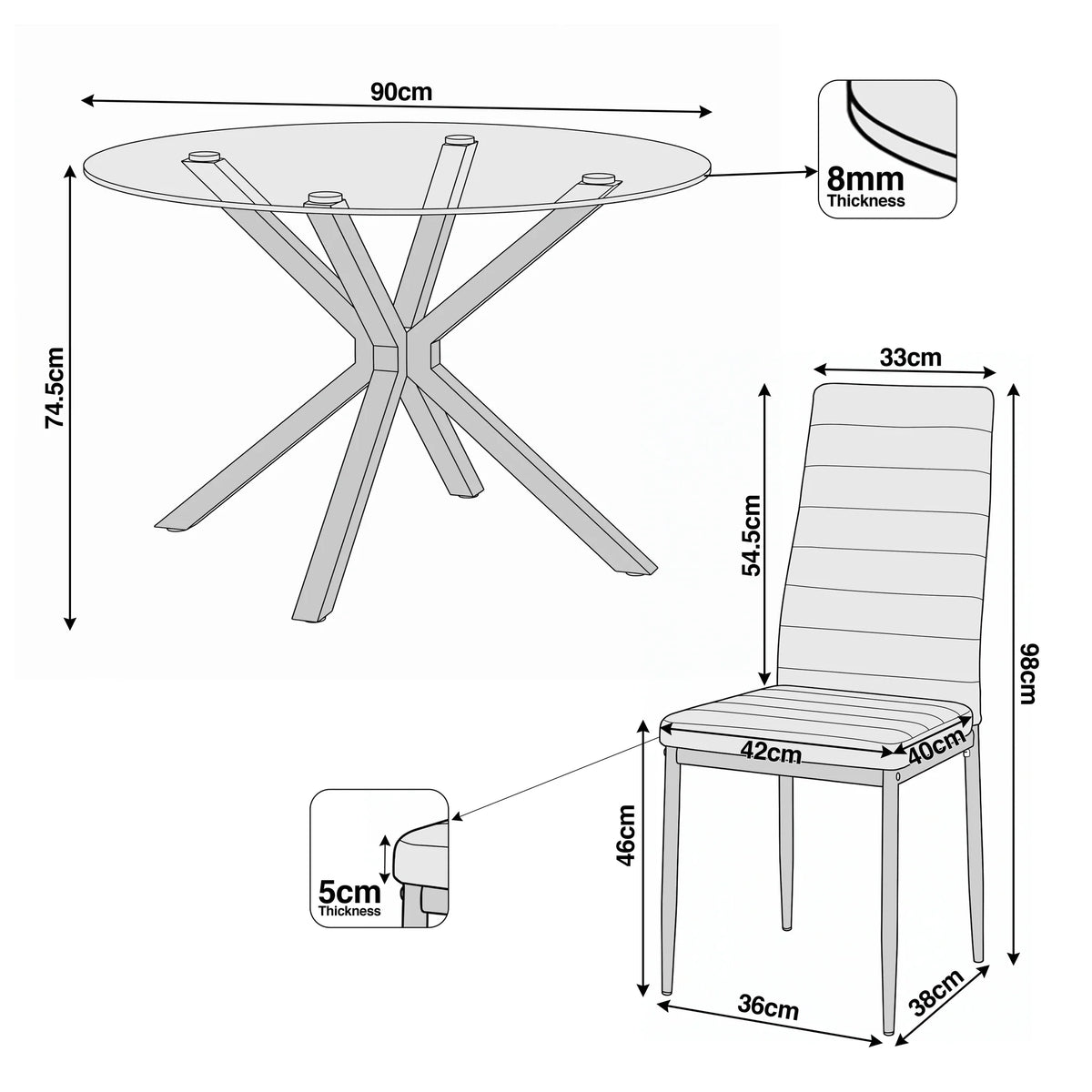 [Grey] Skyra dining table set dimensions: 90cm table, 74.5cm height, 8mm glass, 98cm chair height