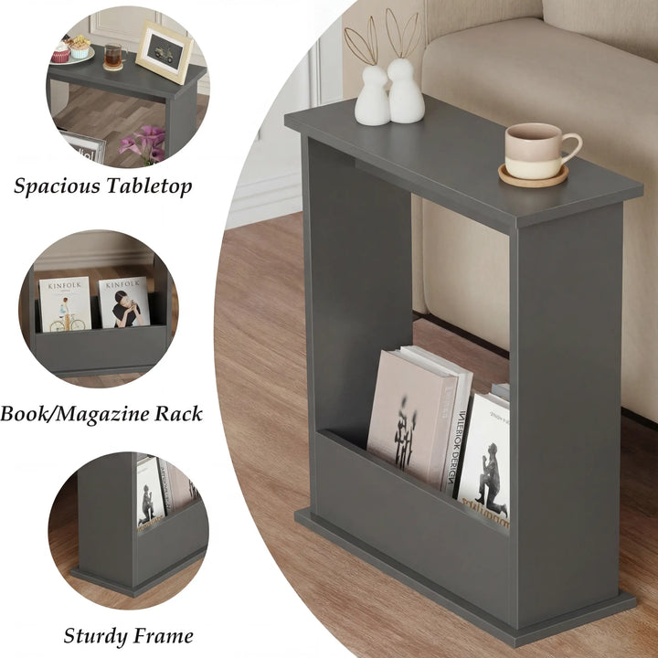 [Slate Grey] Narrow Side Table feature collage showing spacious tabletop, magazine rack with Kinfolk books, and sturdy frame details