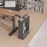 [Slate Grey] Narrow Side Table beside a wooden home office desk with stationery tray, small fan, magazines below, and laptop on adjacent desk
