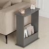 [Slate Grey] Narrow Side Table styled next to a beige sofa with coffee cup, bunny figurines, and design magazines tucked into the storage compartment