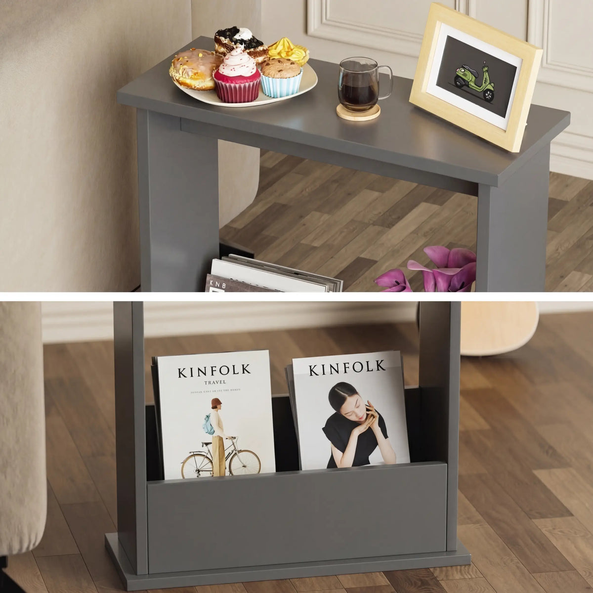 [Slate Grey] Narrow Side Table close-up split showing cupcakes, coffee, and photo frame on top with Kinfolk magazines stored neatly below