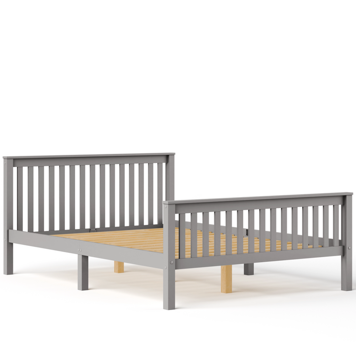 [Grey] wooden double bed frame angled grey studio, pine slat base across full width, central support leg