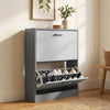 [Dark Grey & Sliver Grey] 2 Door Slim Shoe Cabinet For Hallway shown from an angle with the bottom drawer pulled open.