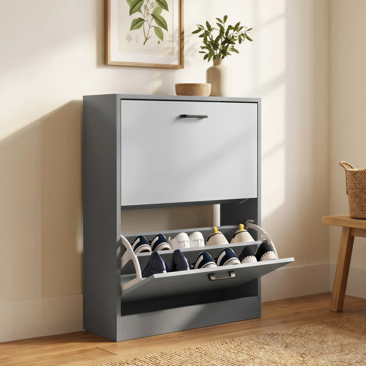 [Dark Grey & Sliver Grey] 2 Door Slim Shoe Cabinet For Hallway shown from an angle with the bottom drawer pulled open.