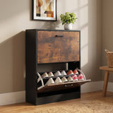 [Black & Rustic] 2 Drawer Slim Shoe Storage Cabinet for Hallway shown from an angle with its bottom drawer pulled open.