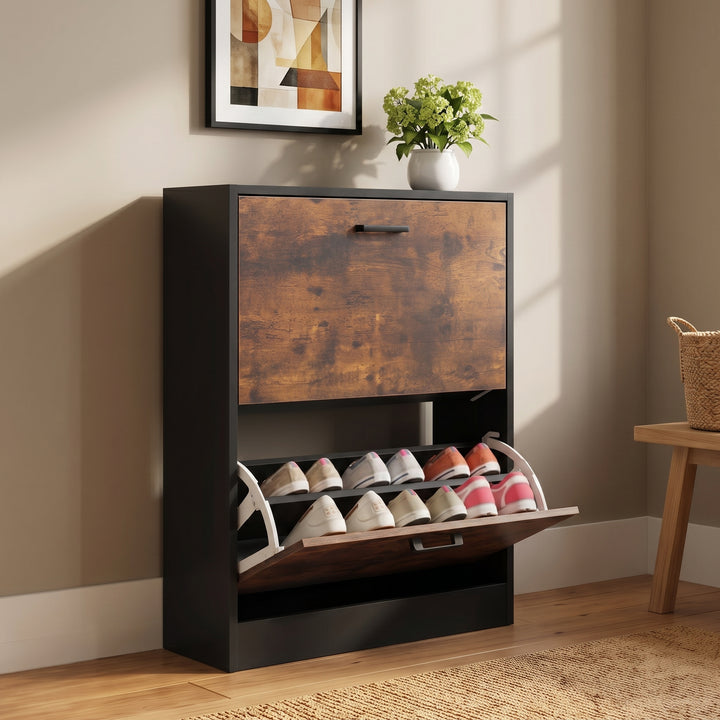 [Black & Rustic] 2 Drawer Slim Shoe Storage Cabinet for Hallway shown from an angle with its bottom drawer pulled open.