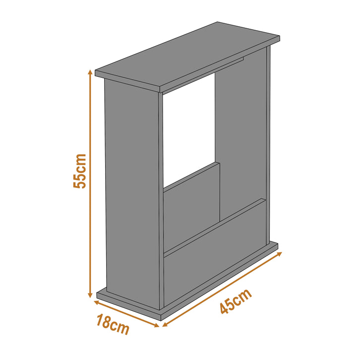 [Walnut + Black] dimensions of rustic top black side table with storage: height 55 cm, width 18 cm, and length 45 cm.