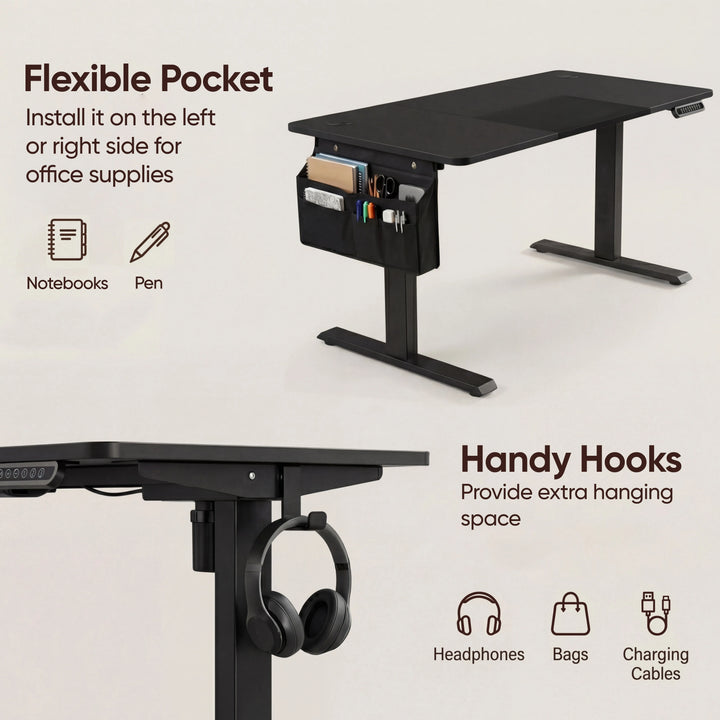 [160cm x 70cm] side fabric pocket on 160cm black standing desk holding pens and notebooks, hook below with headset