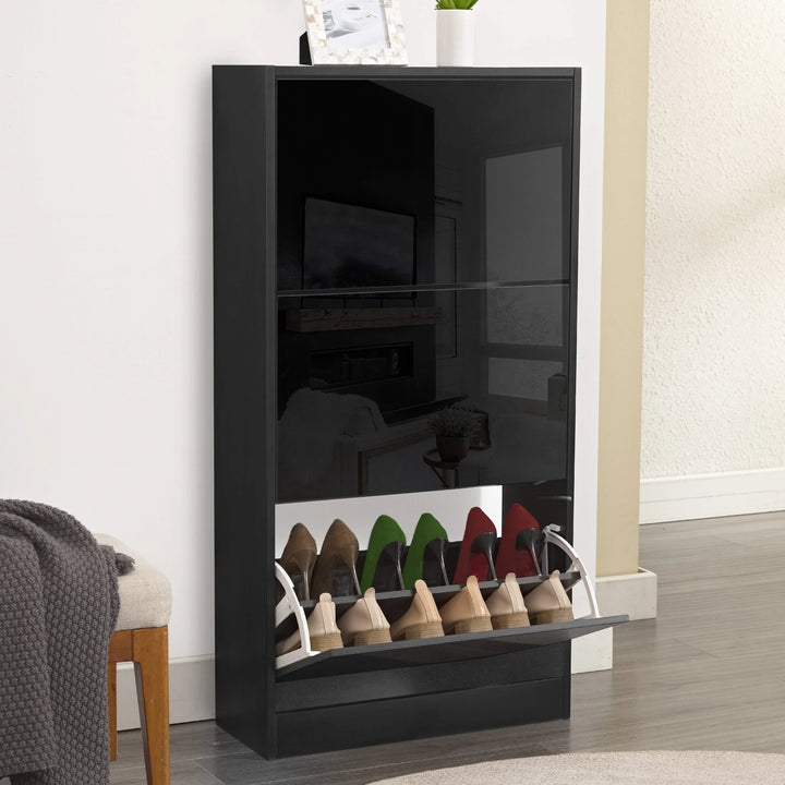 [Black] Black gloss shoe cabinet with a high gloss finish, reflecting furniture from a modern living room and 3 tiers.