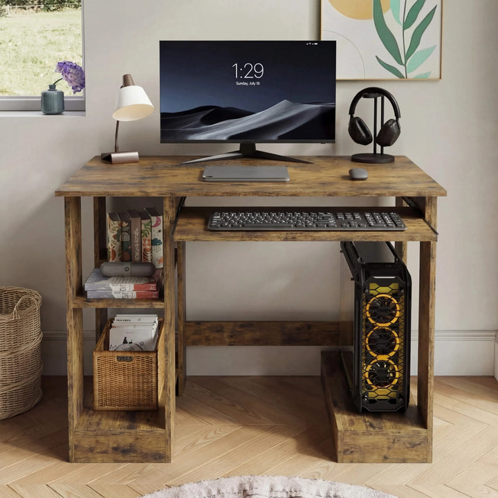 [Rustic] Rustic small computer desk front view with monitor, lamp, headphones and yellow-fan PC tower right
