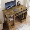 [Rustic] Small computer desk in rustic wood finish with monitor, keyboard tray and side cubes with books