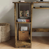 [Rustic] Rustic computer desk side view showing two open cubes with books and a rattan storage basket at base