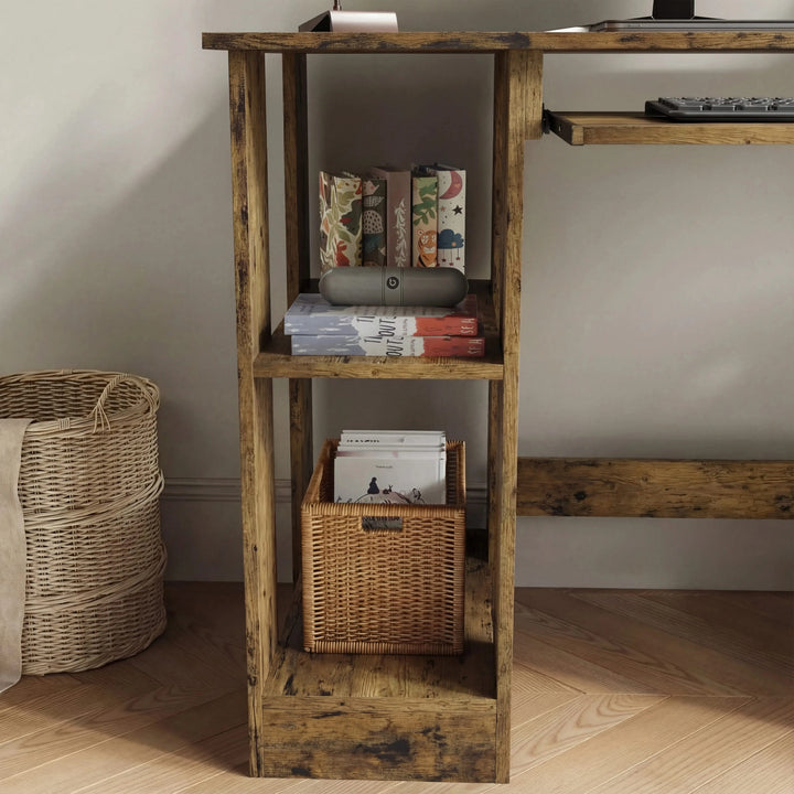 [Rustic] Rustic computer desk side view showing two open cubes with books and a rattan storage basket at base