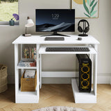 [White] White computer desk facing camera with gaming PC case on right base shelf, plant by window left