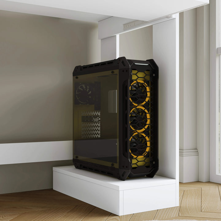 [White] Under-desk view of small computer desk in white with black yellow-fan gaming PC case on right base