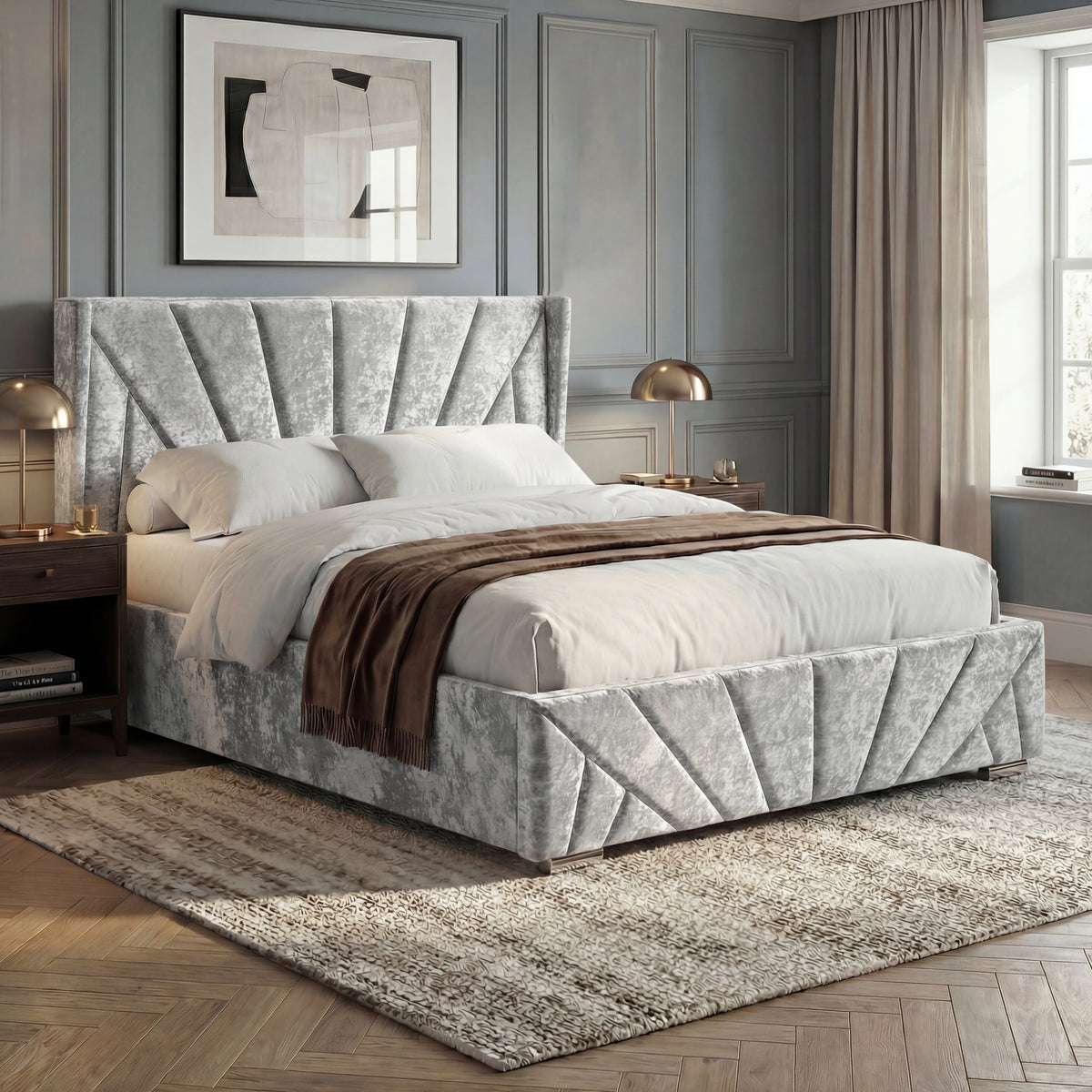 [Small Double | Silver] Angled room view of Sunrise bed with pleated footboard, brown throw, and window curtains