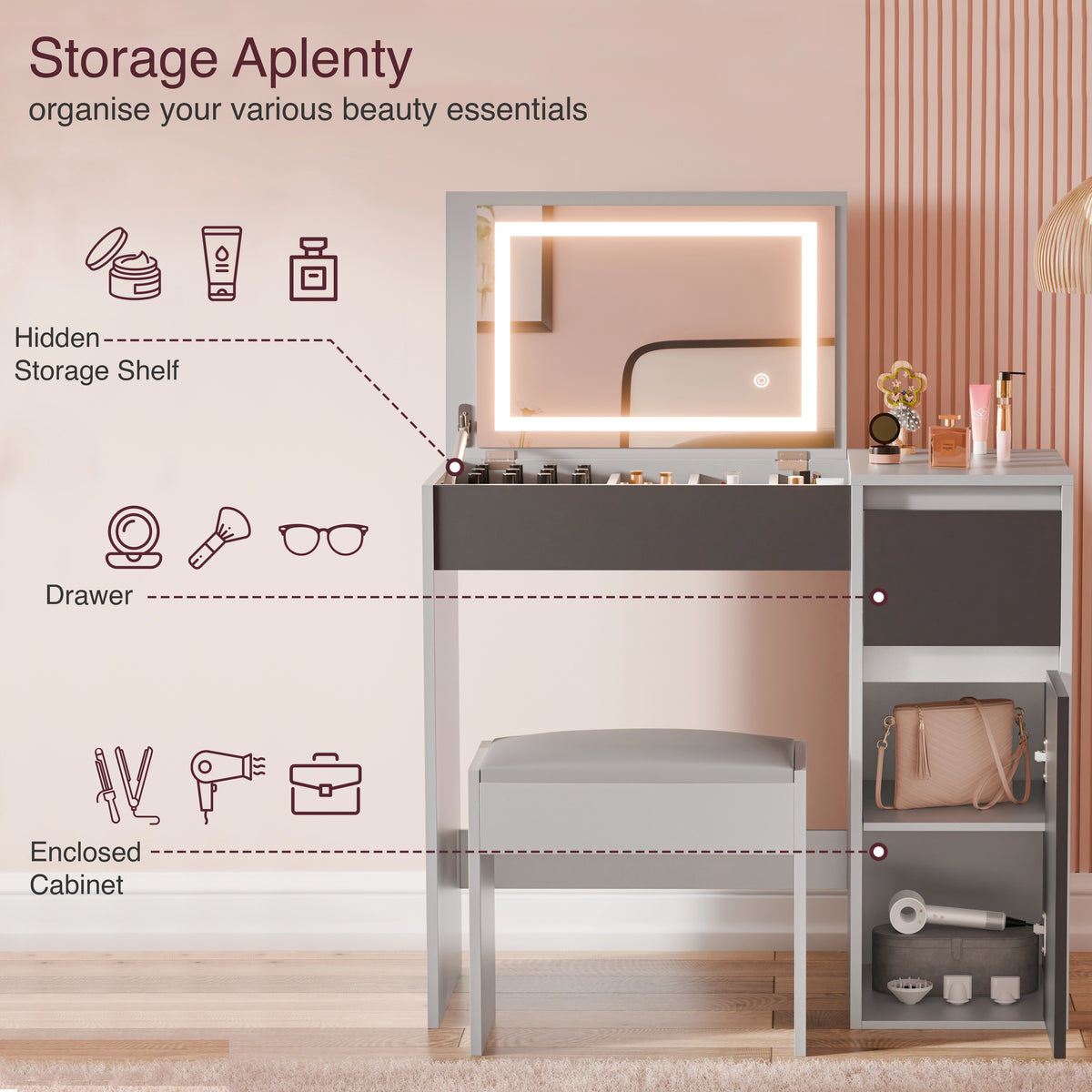 [Dark Grey + Light Grey] two-tone grey vanity Storage Aplenty callout on pink bg labelling hidden shelf, drawer and cabinet