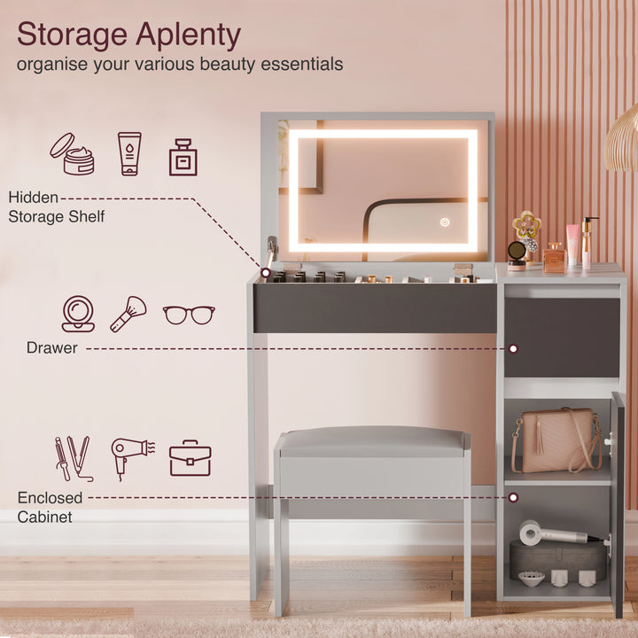 [Dark Grey + Light Grey] two-tone grey vanity Storage Aplenty callout on pink bg labelling hidden shelf, drawer and cabinet