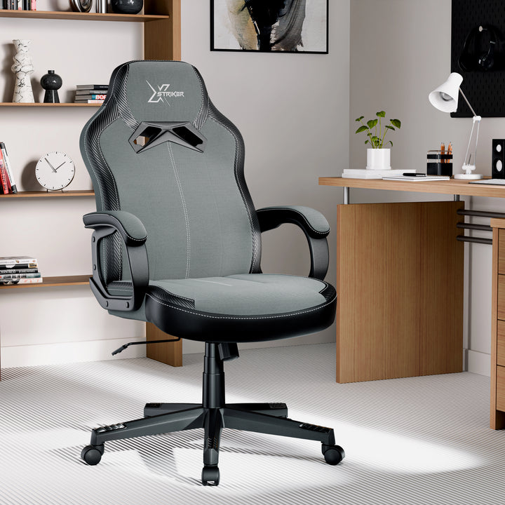 [Grey] Xstriker home office chair in grey fabric with padded arms and adjustable height, ideal for home office or study desk setup in children's room.