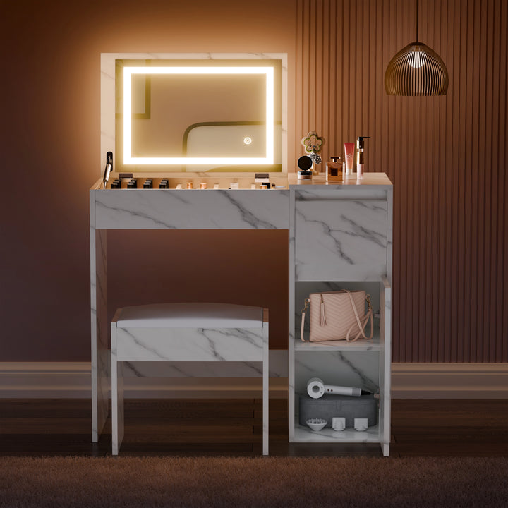 [White Marble]  Dressing table with mirror and various items in a room with wooden walls.