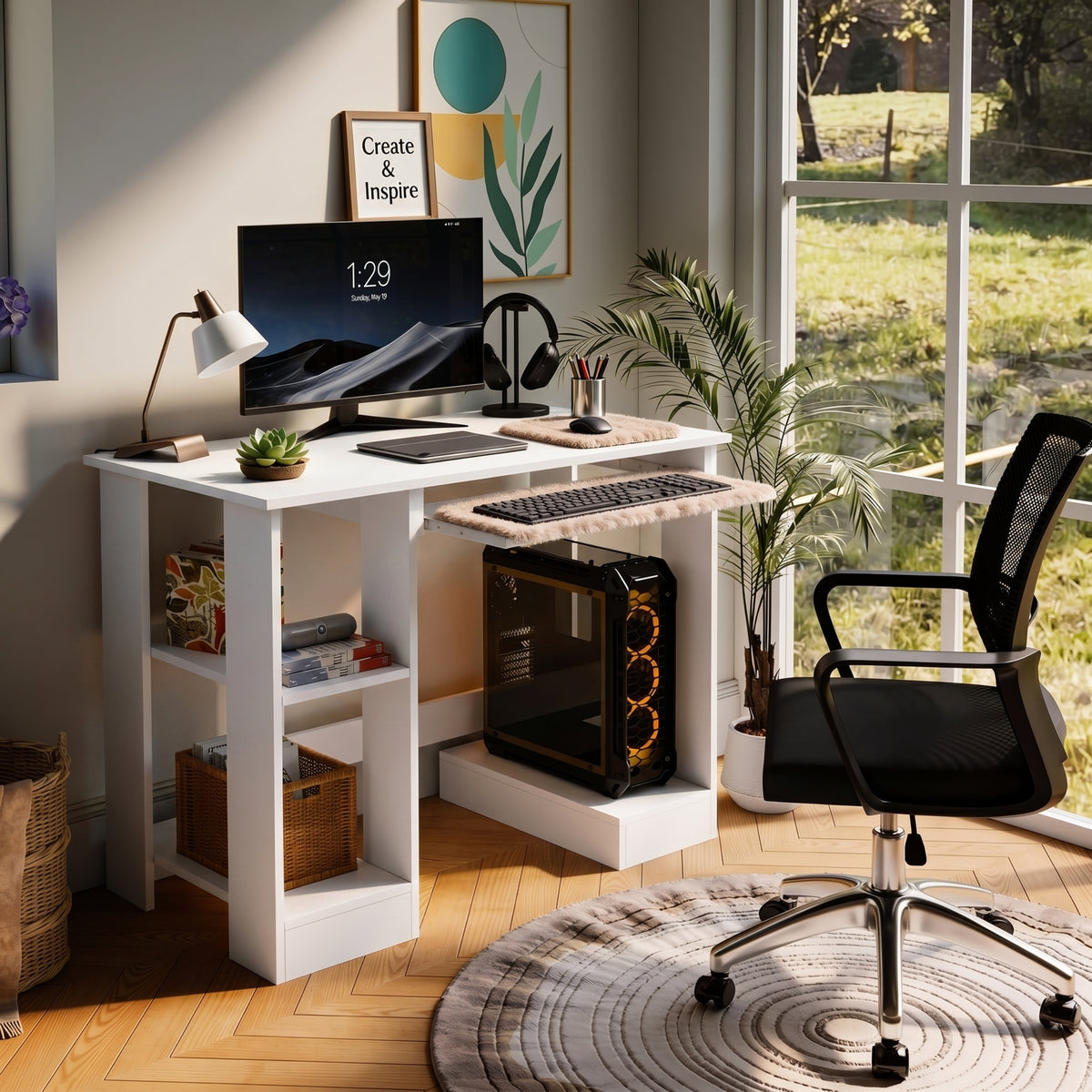 [White] Small Computer Desk with Storage setup next to a large window with an office mesh chair.